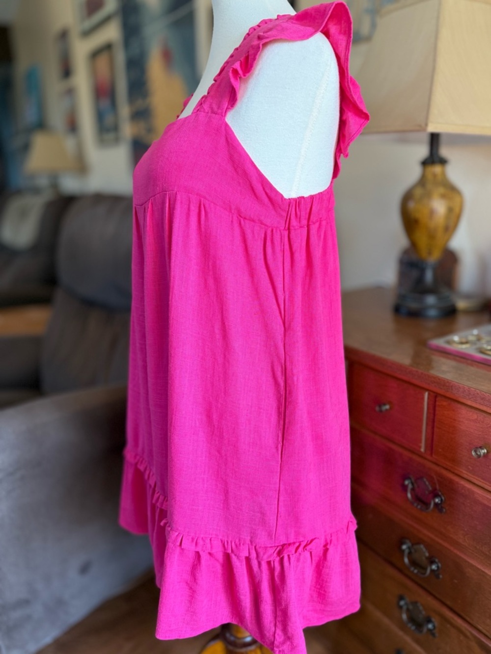 Bright Pink Ruffle Strap Mini Dress - Picture 5 of 14